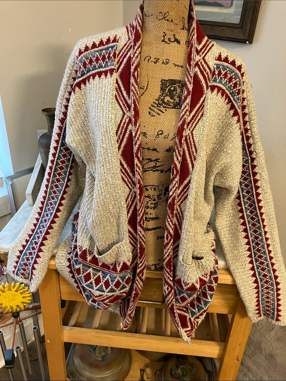 Lucky Brand Cream Cardigan with Red & Blue Geometric Trim Heavy Warm Cozy XL!!😍